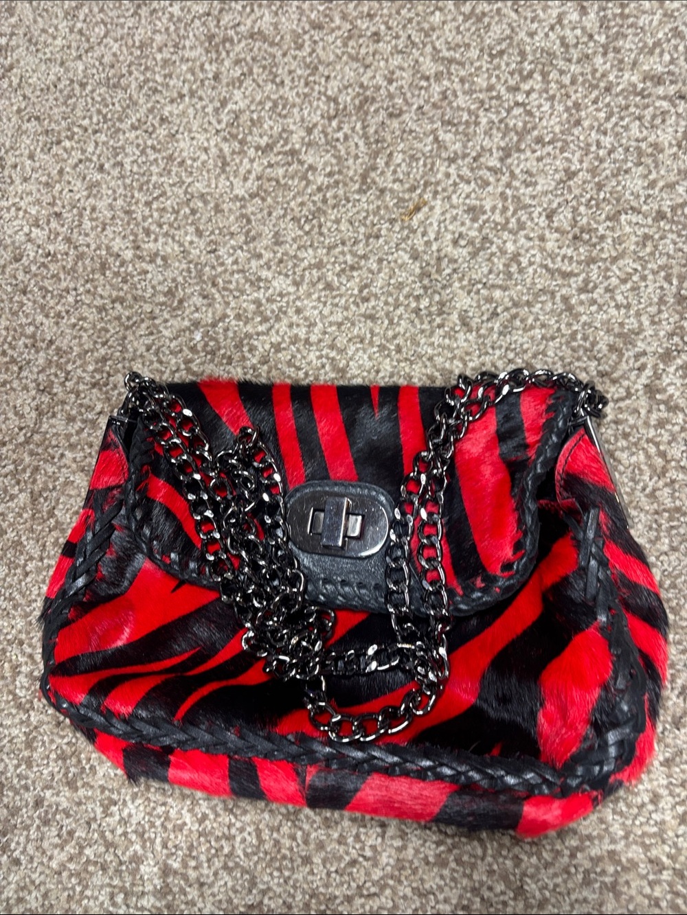 Badgley Mischka Red and Black Zebra animal hair Chain Shoulder Bag - vintage - Picture 10 of 10